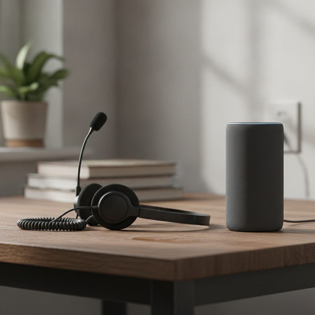 A telephone headset placed next to a small smart speaker device on a desk.