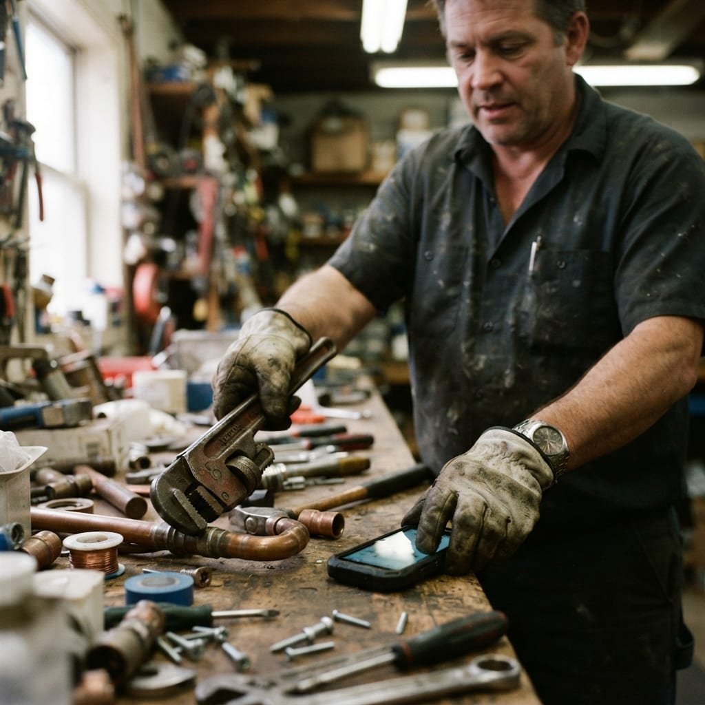 A tradesperson at a cluttered workbench reaching for a ringing phone while holding a wrench.