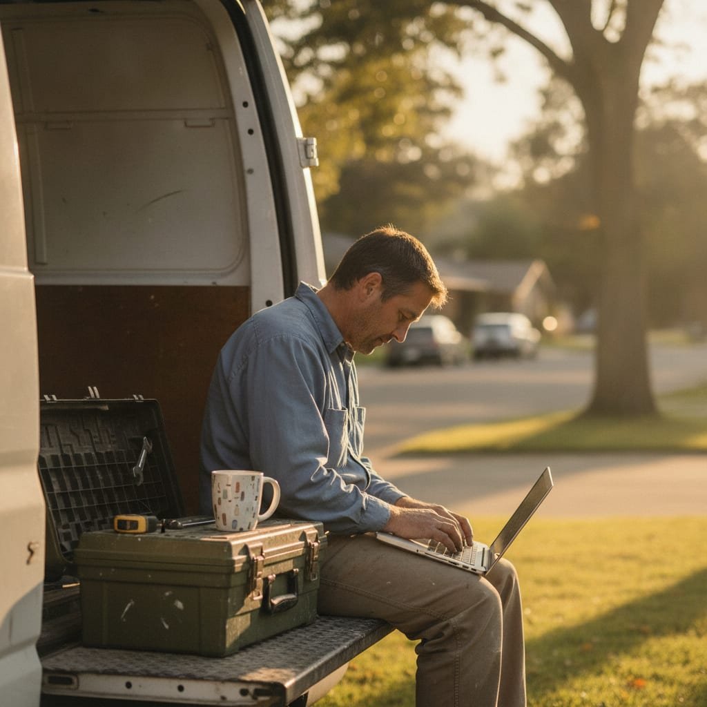 A tradesperson sitting on a van tailgate in afternoon light, typing on a laptop seen from the back, next to a coffee mug and a toolbox.