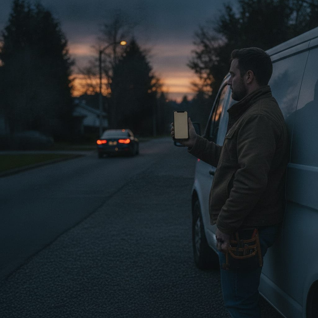 A tradesperson standing next to a work van at dusk, looking at a phone as another vehicle drives off in the distance.