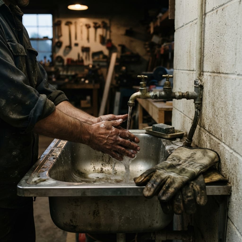 A tradesperson washing up at the end of a working day