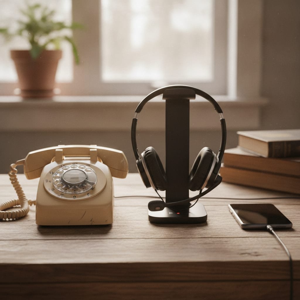 A traditional telephone handset, a wireless headset, and a mobile phone placed together on a flat surface for comparison.