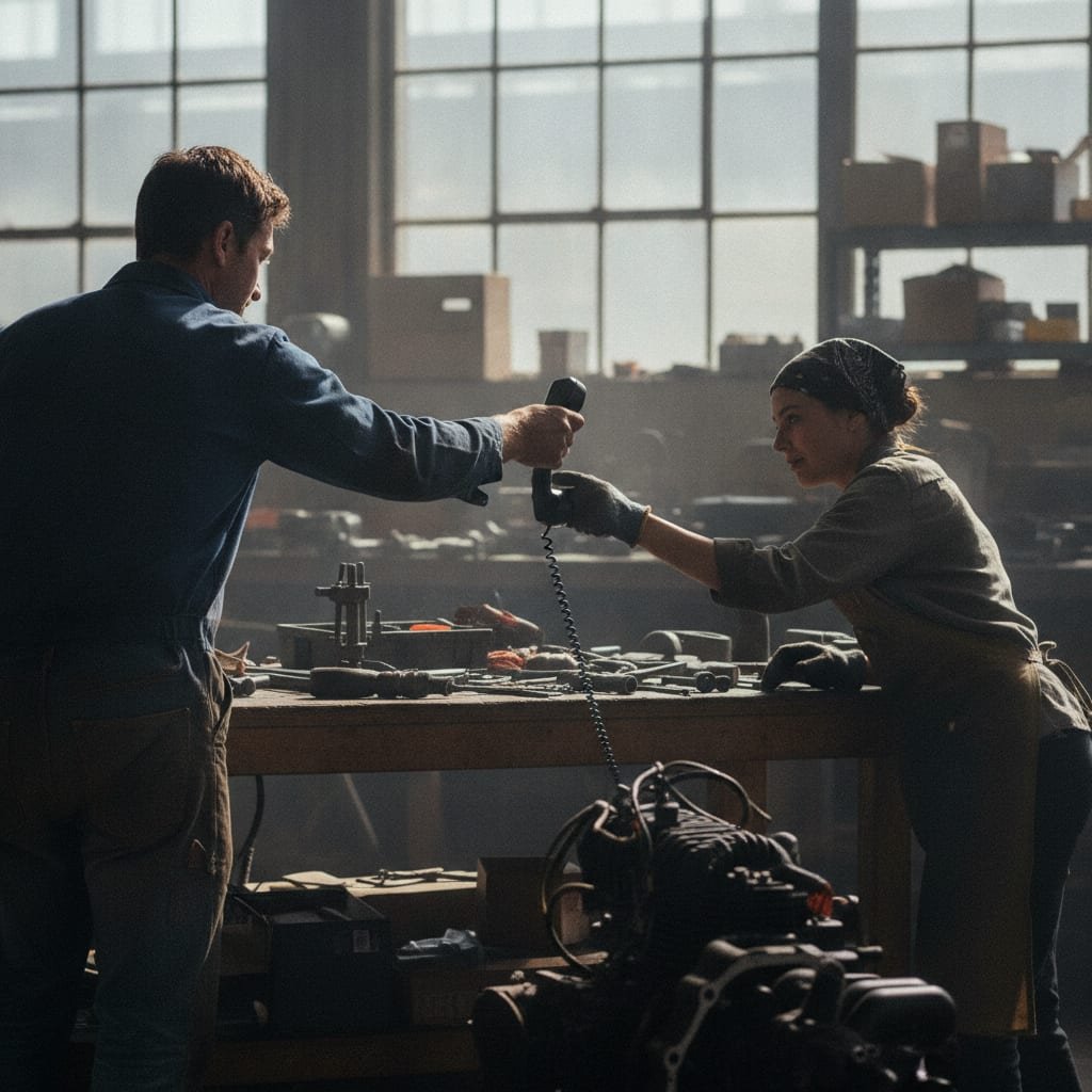A worker hands a telephone handset across a counter to a colleague who is reaching out to receive it.