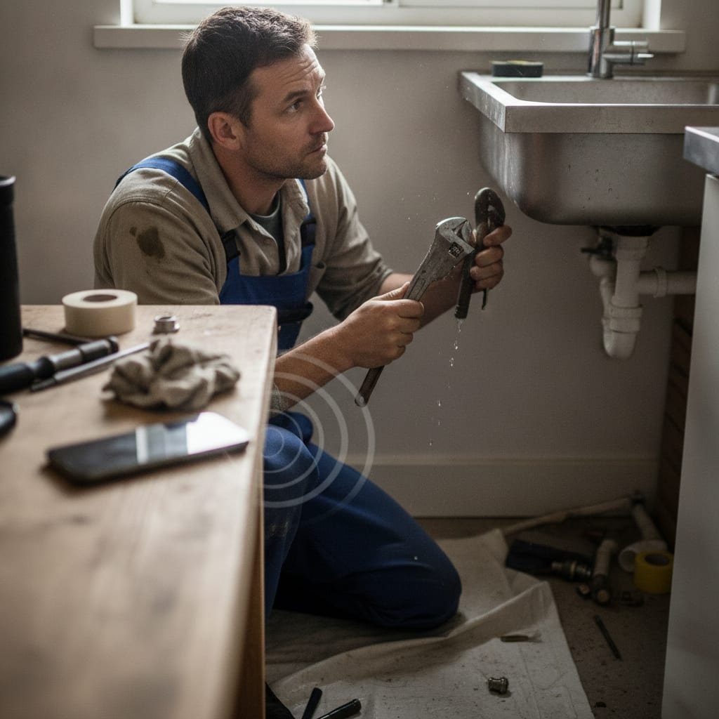 A worker repairing pipes under a sink with a phone left unattended on a workbench nearby.
