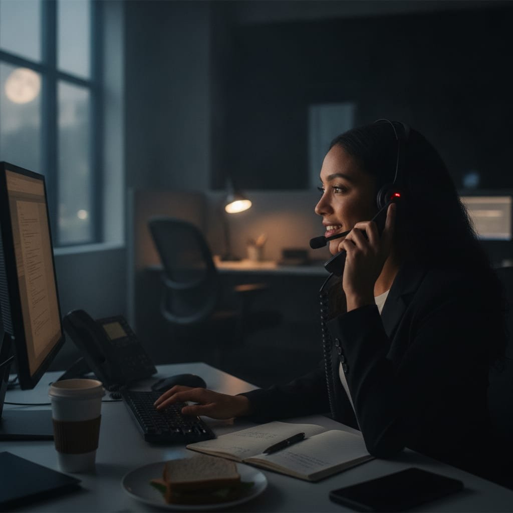 An agent wearing a headset sits at a desk with a computer and telephone, answering a call after hours.