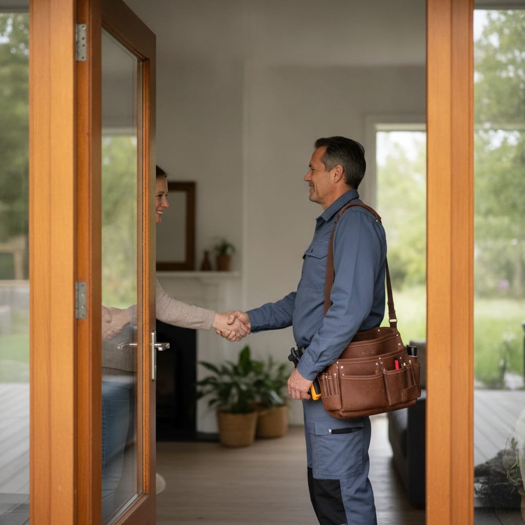 An electrician with a tool bag on one shoulder shaking hands with a customer at the front door of a house.