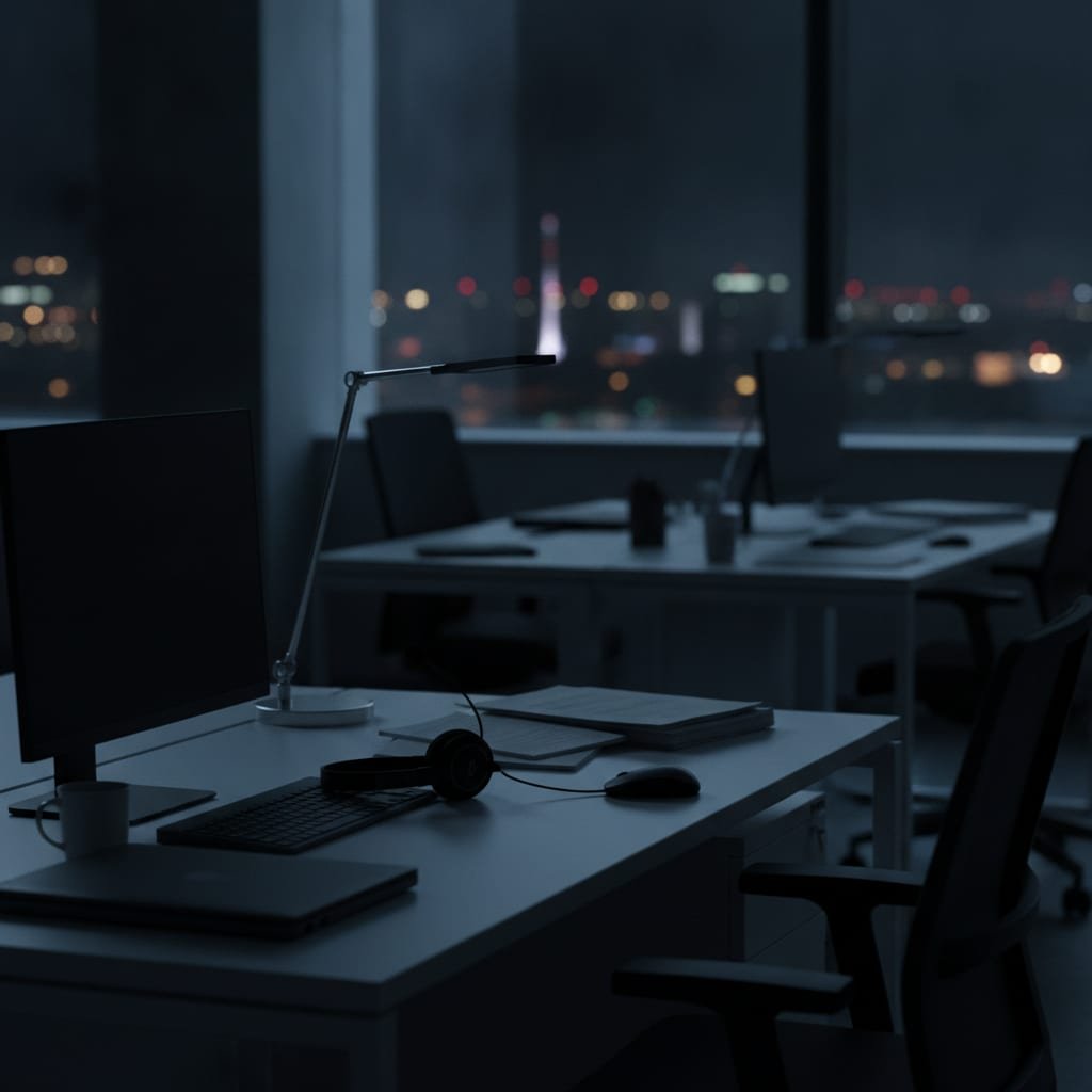 An empty office desk with a headset and an unlit lamp, illuminated only by faint light from a window at night.