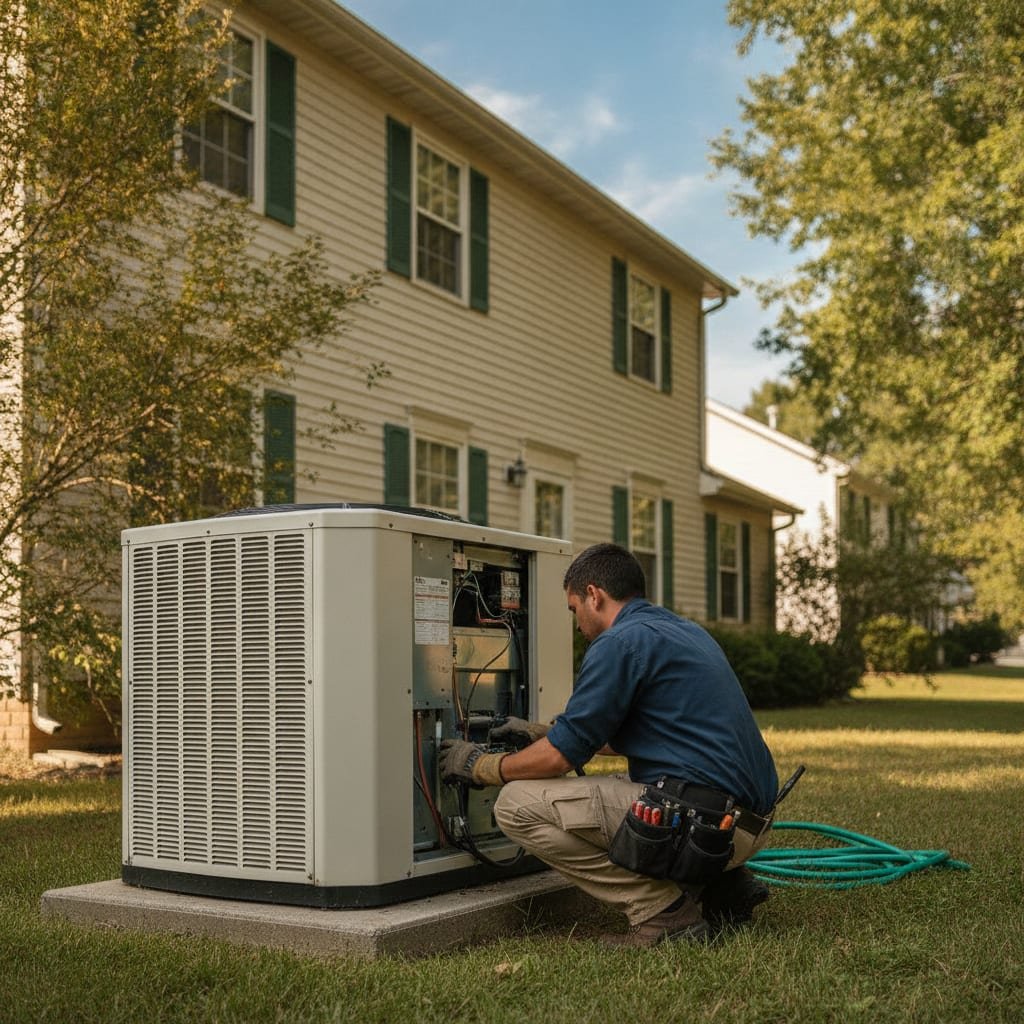 An HVAC technician wearing work gloves servicing an outdoor air conditioning unit next to a home.