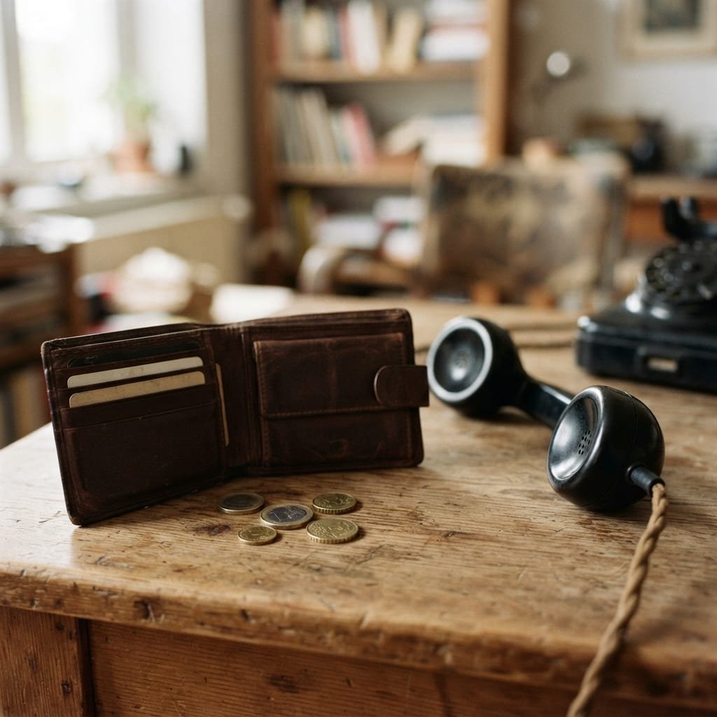 An open wallet with coins spilling out beside a telephone handset resting on a wooden table.