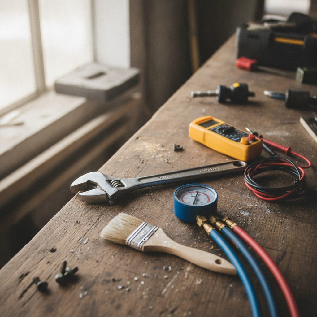 An overhead photo of a wrench, voltage tester, HVAC gauge, and paintbrush laid out together on a workbench.