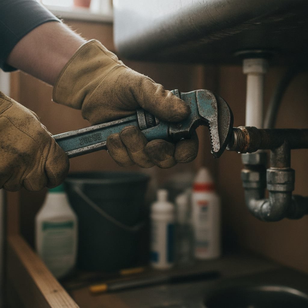 Gloved hands tighten a large pipe joint with a wrench beneath a sink.