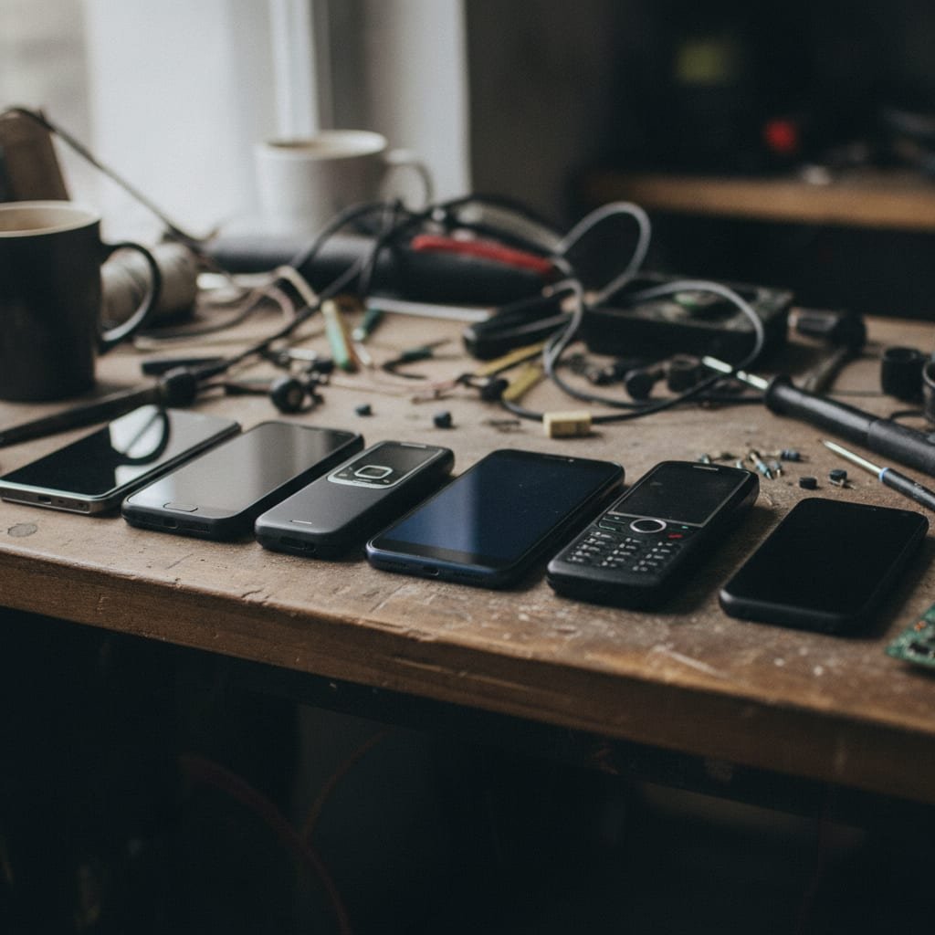 Multiple switched-off mobile phones lined up together on a cluttered workbench.