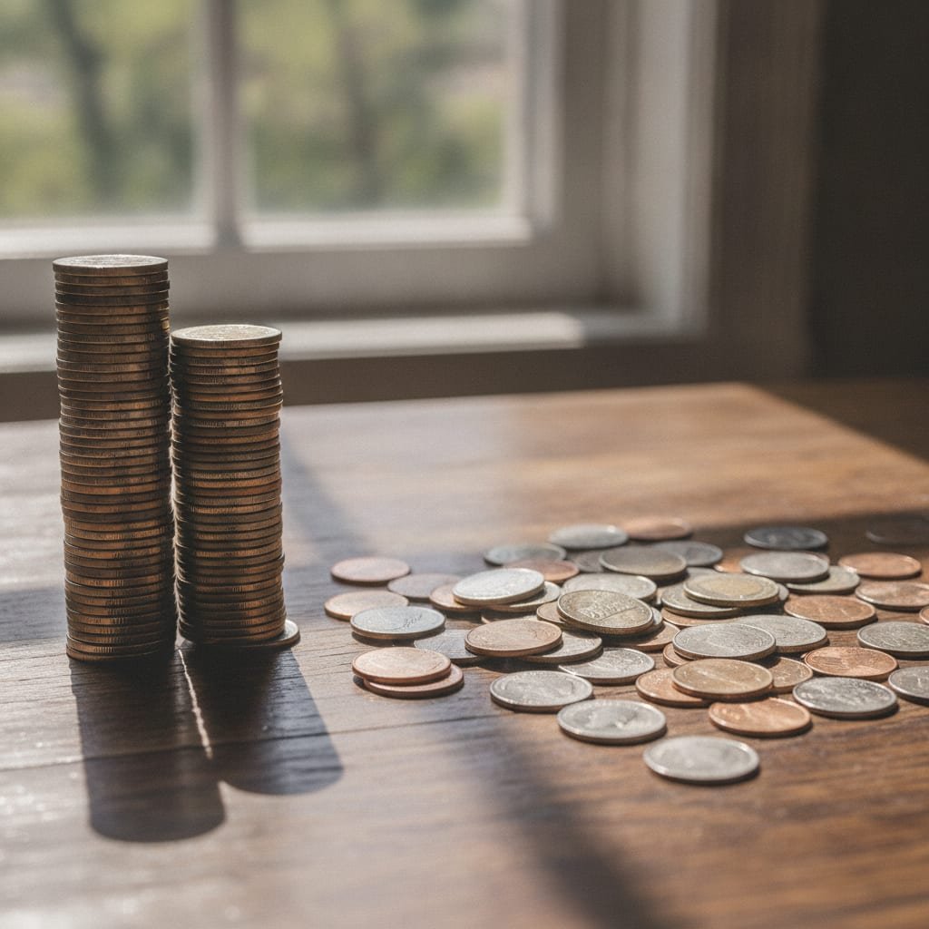 One neat stack of coins stands beside a scattered pile of loose coins on a table.