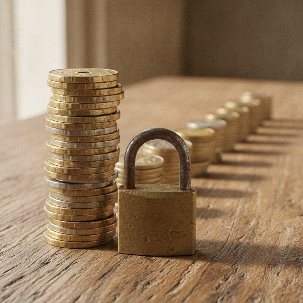 One stack of coins beside a small padlock, next to a long row of many smaller coin stacks.