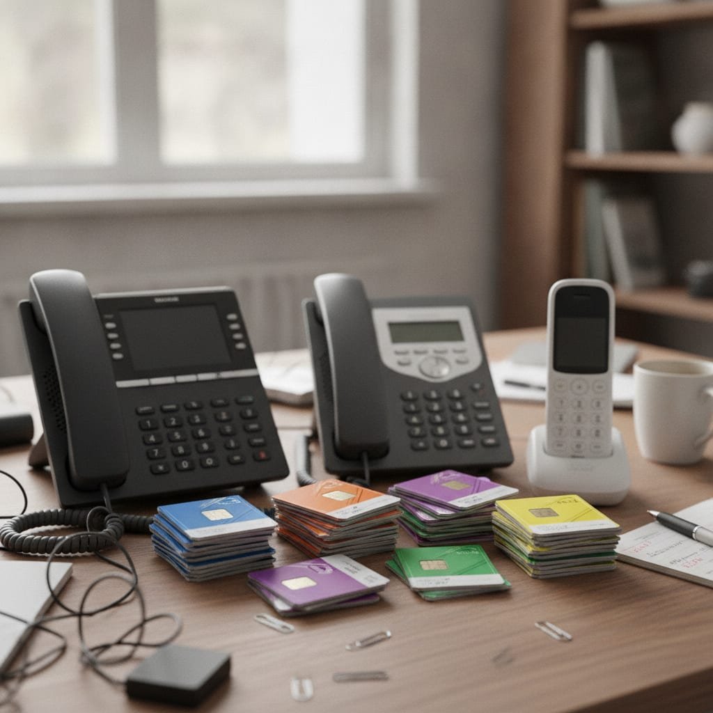Several different desk phones and stacks of SIM cards sit together on a cluttered desk.