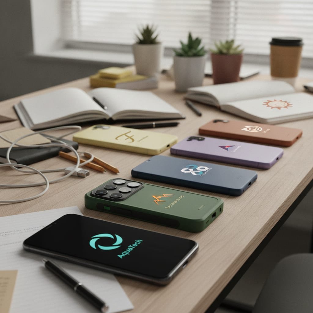 Several different mobile phones are lined up side by side on a cluttered desk.
