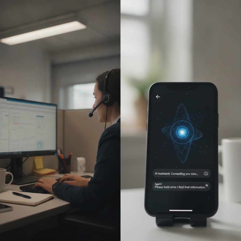 Split scene showing a human call center agent wearing a headset next to a smartphone screen displaying an AI assistant answering a call.