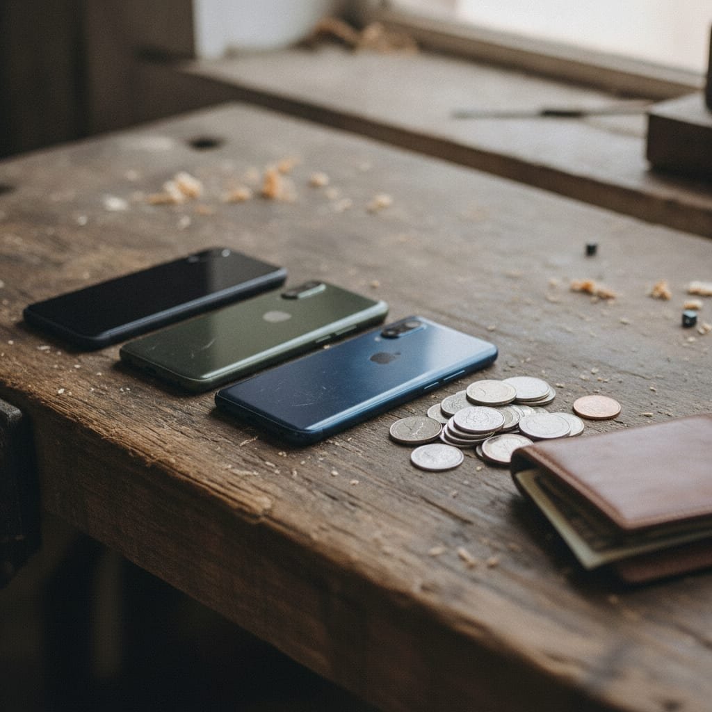 Three face-down smartphones lined up on a wooden workbench beside a stack of coins and a leather wallet.