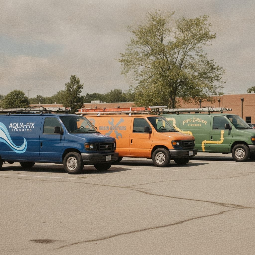 Three plumbing service vans in different colors are parked next to each other in a lot.