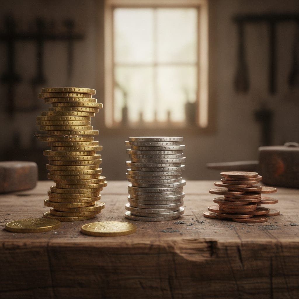 Three stacks of coins of varying heights arranged next to each other on a workbench.