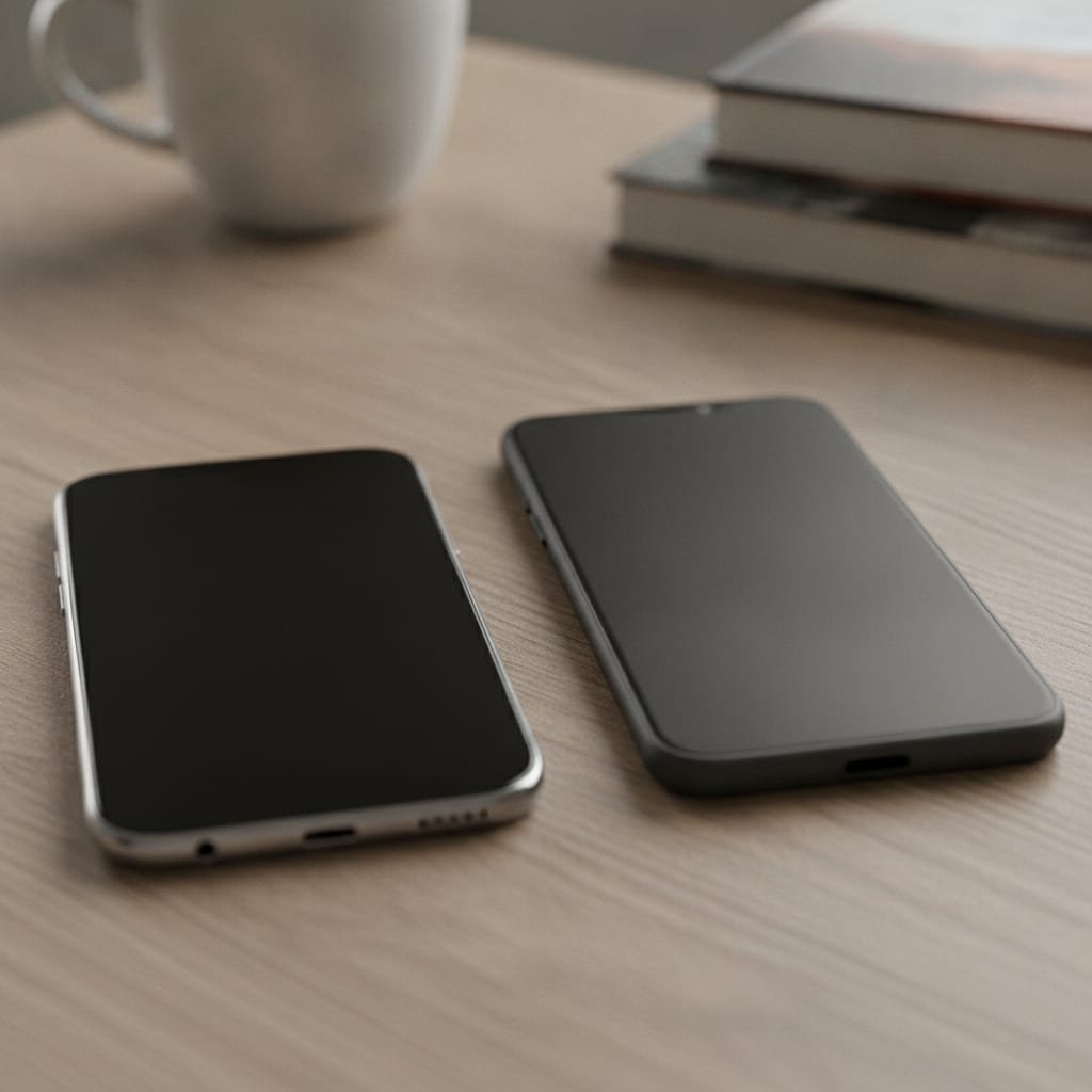 Two different smartphones of different brands placed side by side with their screens switched off.
