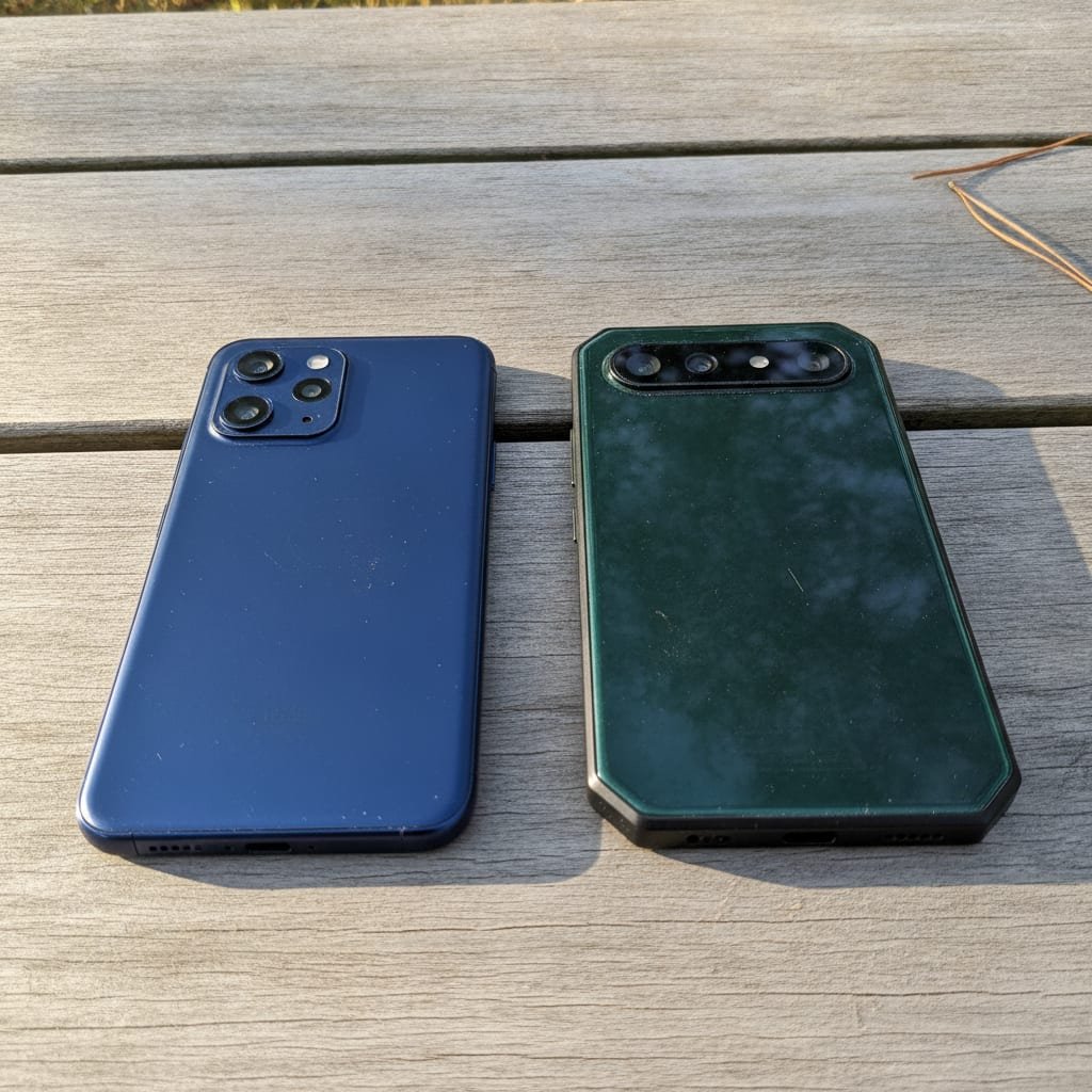 Two different smartphones placed face down next to each other on a table.