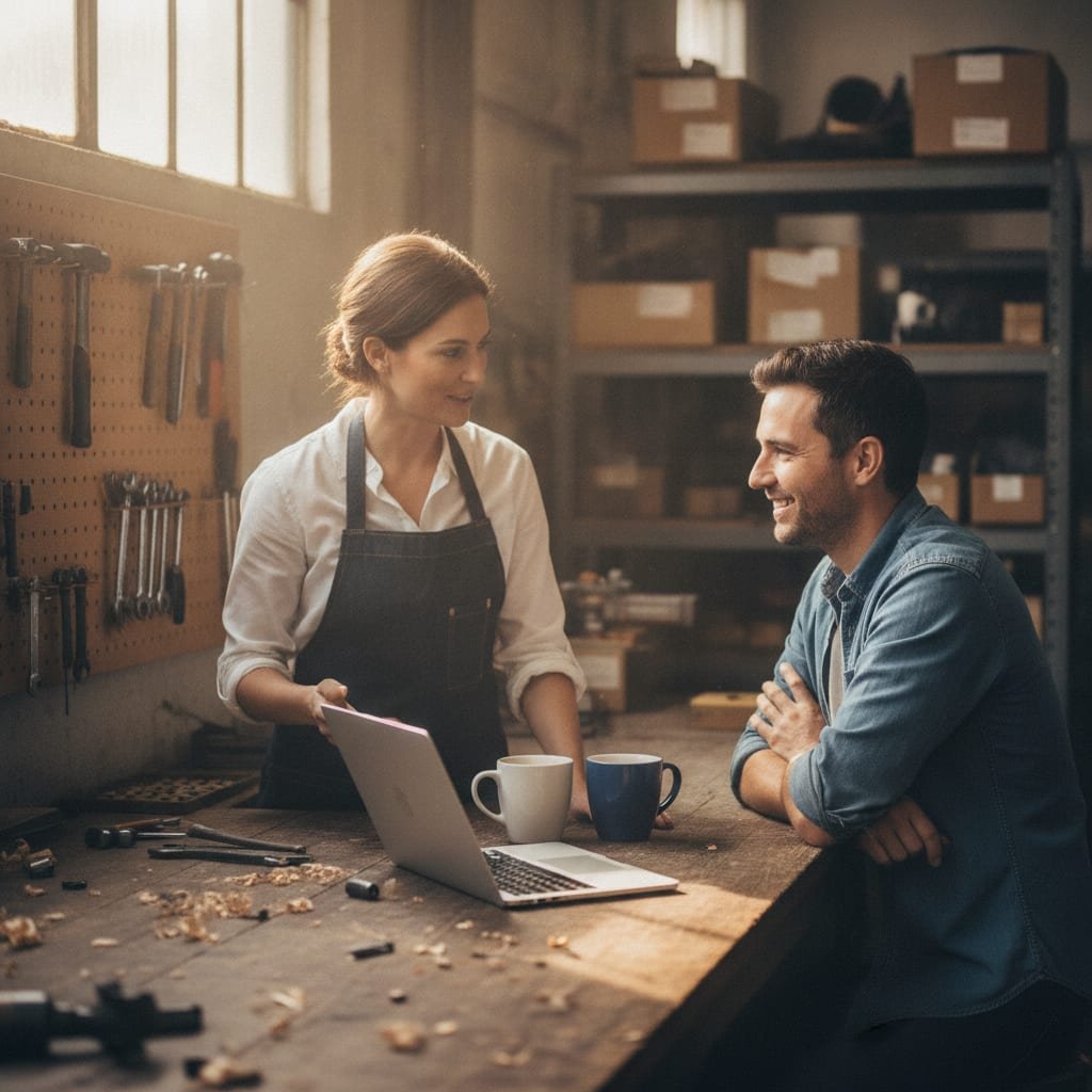Two people in work clothes discuss plans across a workshop bench with a closed laptop, coffee mugs and hand tools on the wall behind them.