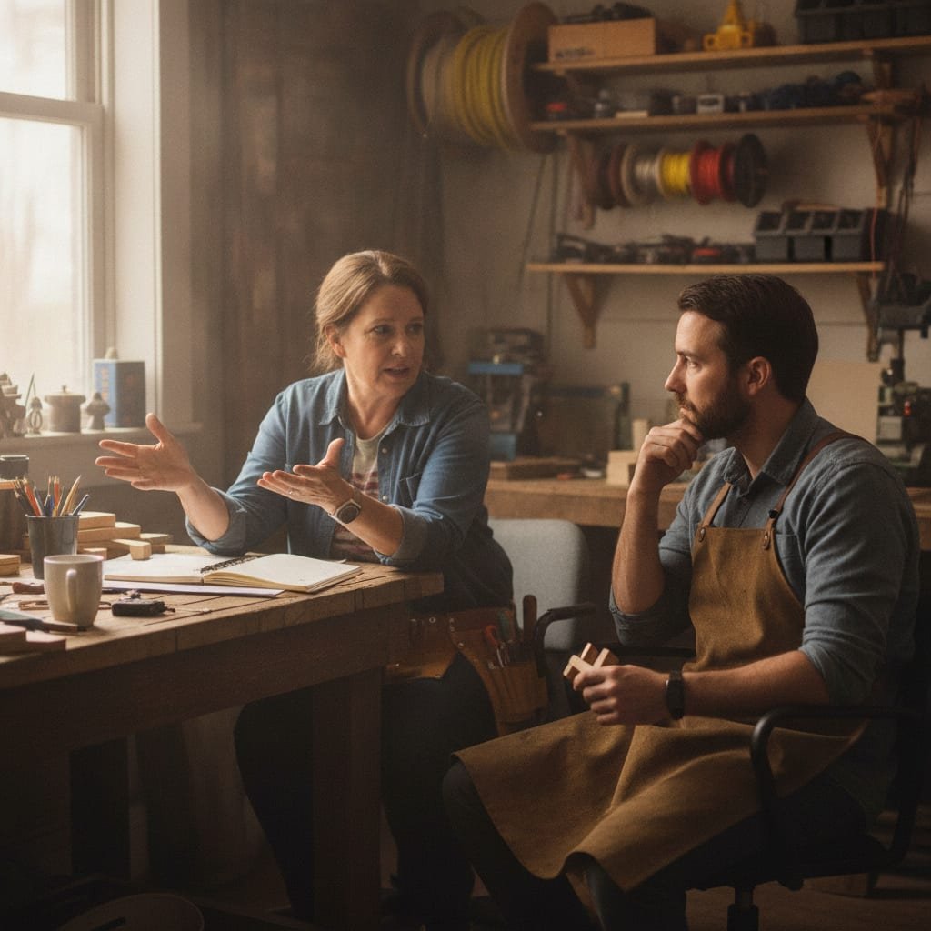 Two people seated across a table in a small workshop office having a conversation.