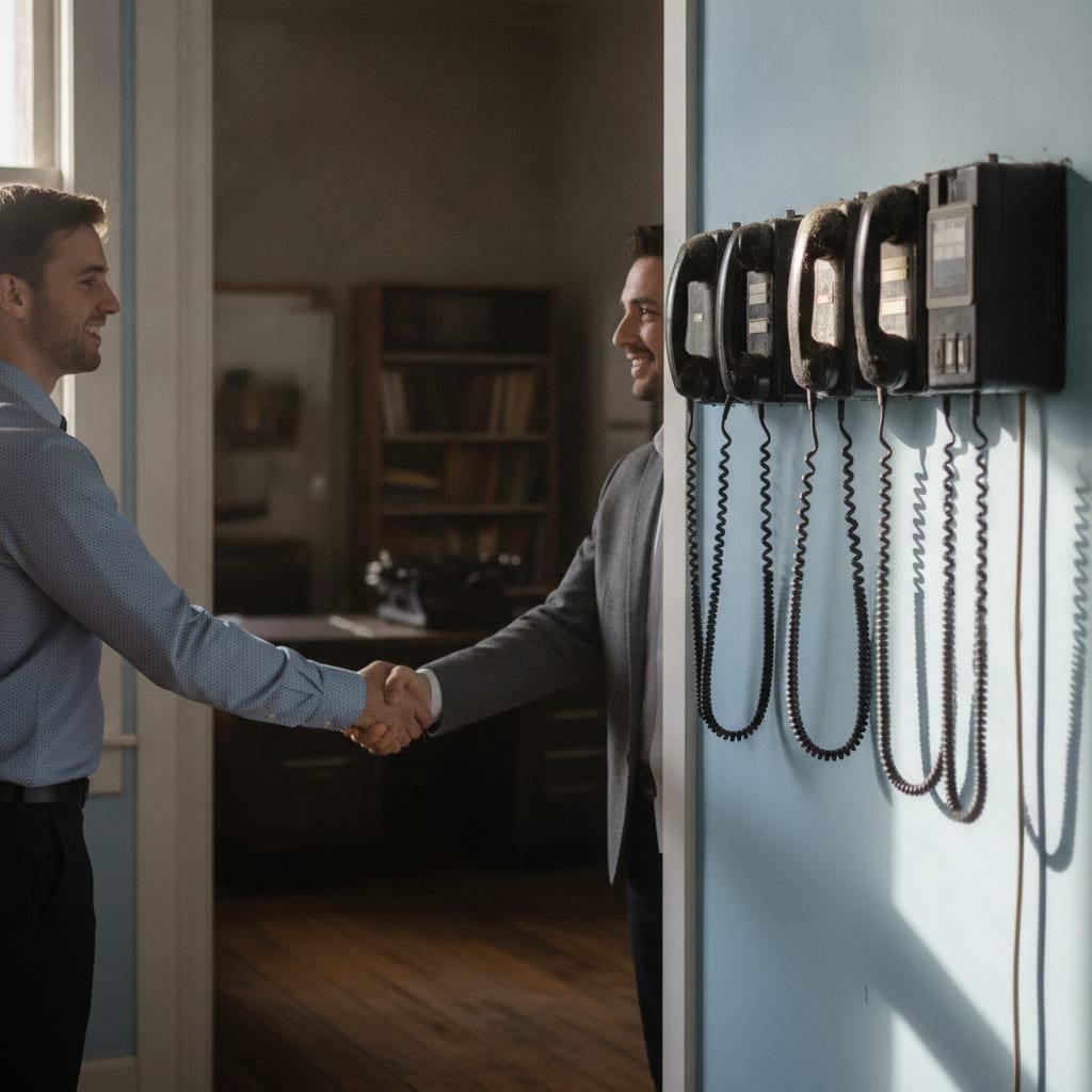 Two people shake hands in an office doorway with several switched-off phones mounted on the wall behind them.