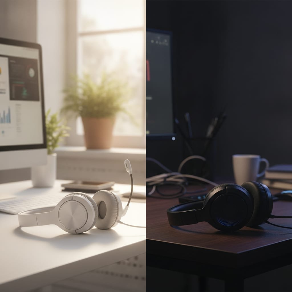 Two telephone headsets rest on separate desks, one lit brightly and one in a dim room, side by side.